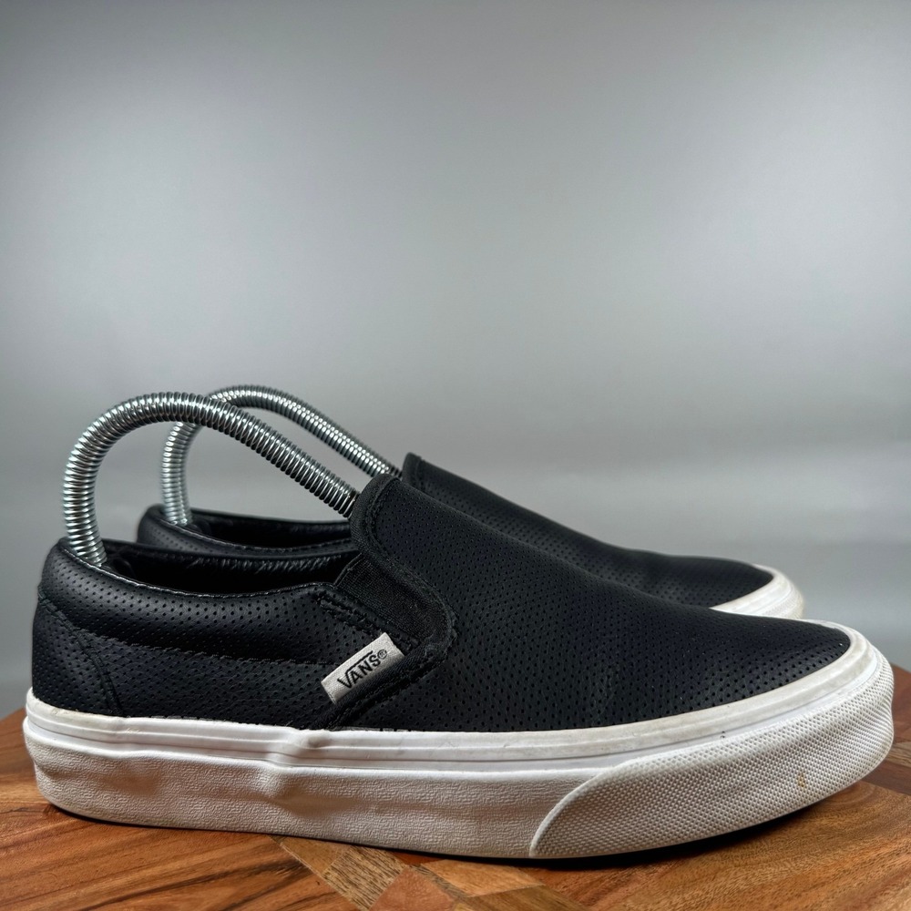 Vans Classic Slip-On Perforated Black Leather Shoes Womens 7.5 Mens 6 721356